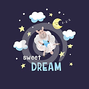Dark night background with cute cartoon lamb, moon and clouds. Vector illustration.