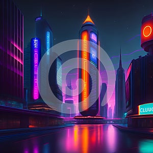 Dark Night City With Many Neon Signs, Ai Generated