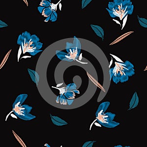 A dark night floral Embroidery flowers, spring seamless pattern.