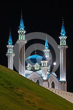 Dark night and full moon view to the Kul Sharif Mosque