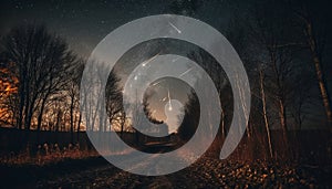 Dark night, glowing galaxy, illuminated tree, mysterious winter landscape generated by AI