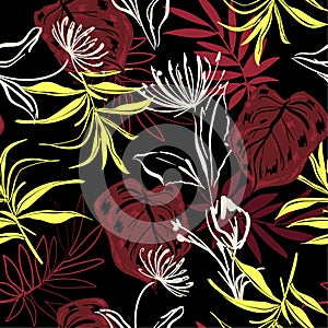 Dark night Hand sketch and drawing tropical flowers and leaves s