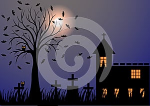 Dark night with moon, bats, trees, graves and castle