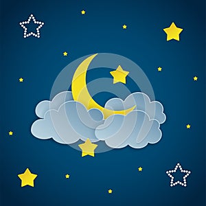 Dark night sky background with clouds, stars and crescent moon.