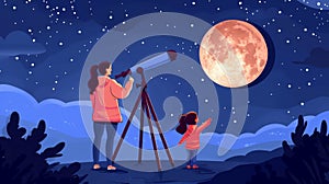 In a dark night sky a woman and her daughter look through a telescope. A curious young girl with her mother explore the