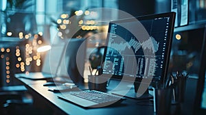 Dark office desk with computer showing data analysis graphs on screen