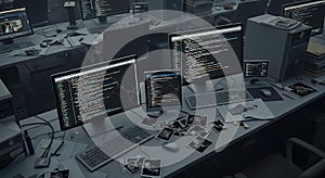 Dark Office Environment With Programming Code On Multiple Computer Monitors
