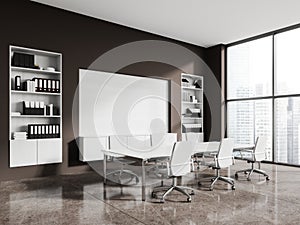 Dark office room interior with meeting table and chairs, panoramic window