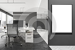 Dark office room interior with white empty poster