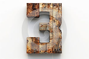Dark oiled wood number 3 shape isolated on white background for design and decoration projects