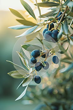 Dark olives on the branch of an olive tree.