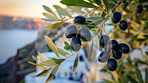 Dark olives on the branch of an olive tree with sea and Greek island on the background.