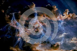 Dark, ominous rain clouds and lightening, dramatic thunderstorm sky