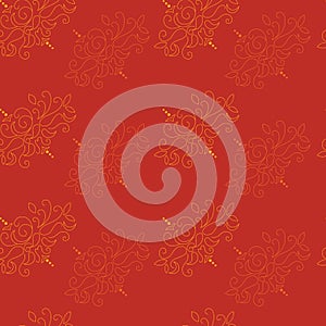 Dark orange motifs vector repeat pattern. Line art hand drawn motifs print