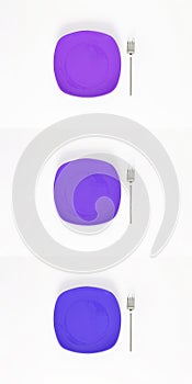 Dark Orchid Purple, Dark Violet Purple, Ä°ndigo Purple colors plate and fork next to it. Isolated object - on white backgro