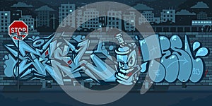 Dark Outdoor Urban Graffiti Wall With Drawings At Night Against The Background Of The Cityscape Vector Illustration Art