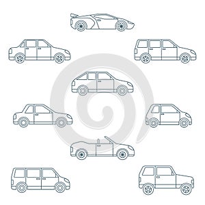 Dark outline various body types of cars icons collection