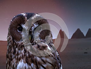 Dark owl at night with the pyramids of Kamira, Sudan, in the background, selective focus, composite