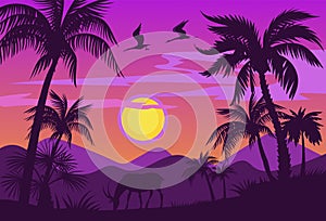 Dark palm trees silhouettes. Sunset African landscape with tropical plants and animals. Evening sky. Purple sundown