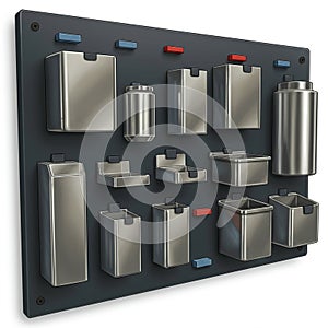 A dark panel displays various metallic, angular containers, each uniquely shaped and