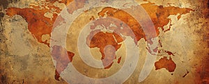 Dark patterned retro style world map with bronze colored worn aged grungy surface design. Continents in vintage style.