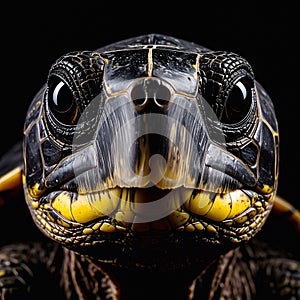 Dark patterned turtle face with intense eyes and scale