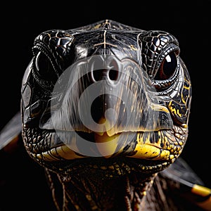 Dark patterned turtle face with intense eyes and scale