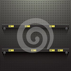 Dark Pegboard Background with shelves and price tags photo