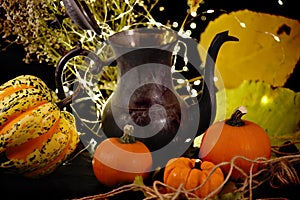 A dark photo with red pumpkins, yellow leaves, and an old jug with glowing lights. autumn dark photo