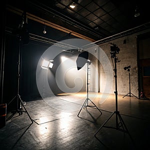 Dark photo studio with spotlights photo