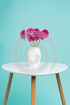Dark pink gerberas in a vase on a retro table. Happy Mother`s Day Candy Blue Coloured Background.