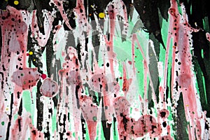 Dark pink green waxy drips paint. Watercolor paint abstract background.
