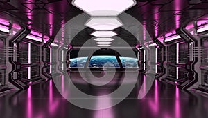 Dark pink spaceship futuristic interior with window view on planet Earth 3d rendering