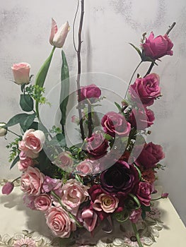 Dark Pink violet rose bouquet in vase Artificial flowers Bouquet Dried statice flower soft white tone color in vintage style,