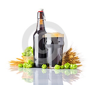 Dark Pint Beer with Hops and Wheat on White Background