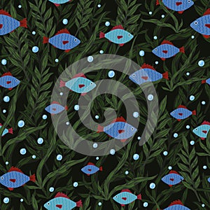 Dark plankton print seamless pattern, Blue fishes and random seaweed silhouettes. Black background with water bubbles