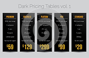 Dark pricing tables - set of five price banner templates suitable for web and e-shops photo