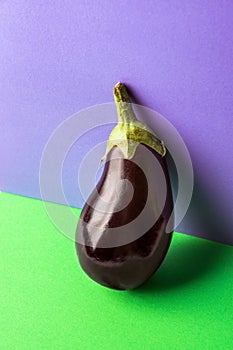 Dark purple eggplant on duotone violet green background. Conceptual trendy image creative food poster. Healthy balanced diet vegan