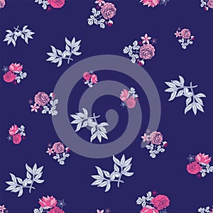 Dark purple English roses floral seamless pattern print. Vector