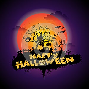 Dark Purple Happy Halloween Background Illustration with scary tree