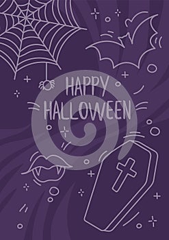 Dark purple happy Halloween flyer. Spooky doodle elements such as coffin, bat, vampire fangs. Can be used as invitation