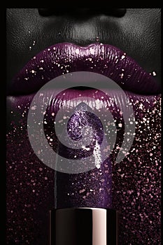 Dark purple lipstick with glitter on the background of the lips. Generative AI