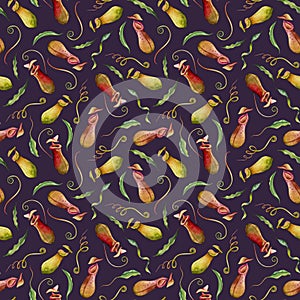 Dark purple Nepenthes carnivorous plants watercolor seamless pattern. Tropical background with exotic flora