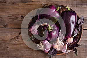 Dark purple peppers with leaves of basil and garlic