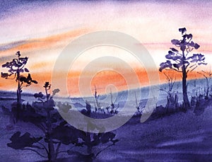 Dark purple silhouettes of high pines and mountains against a red sunset sky. Hand-drawn watercolor illustration