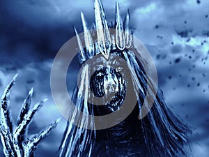 Dark queen with crown pulls bony hand. Blue background color.