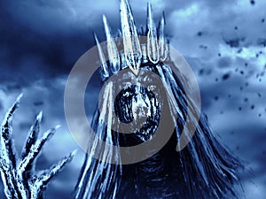 Dark queen with crown pulls bony hand. Blue background color. photo