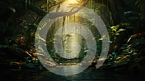 Dark rainforest, sun rays through the trees, rich jungle greenery