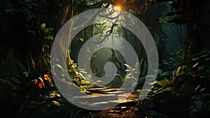 Dark rainforest, sun rays through the trees, rich jungle greenery