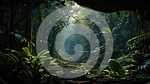 Dark rainforest, sun rays through the trees, rich jungle greenery